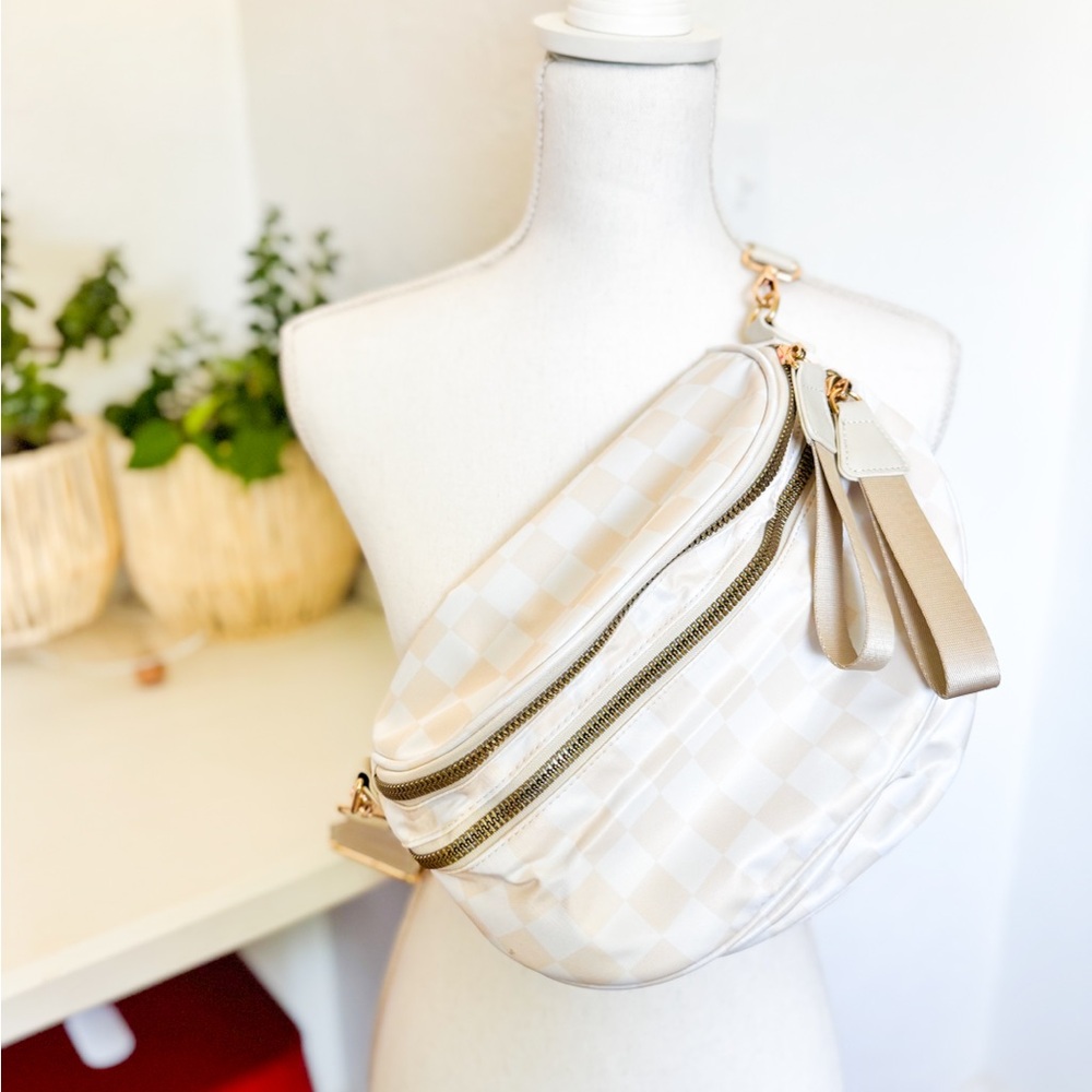 Beige Checkered Women's Crossbody Bag